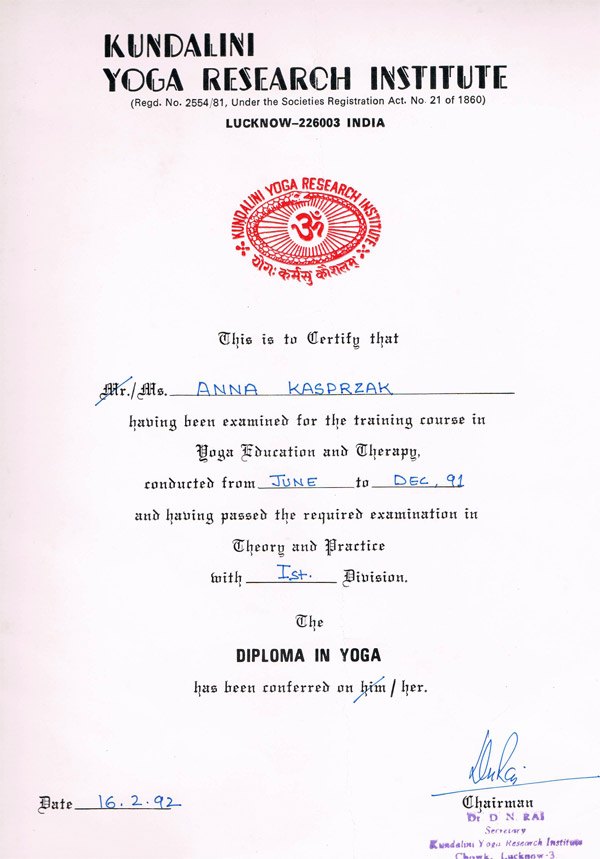 Diploma in Yoga — Kundalini Yoga Research Institute, Anna Kasprzak