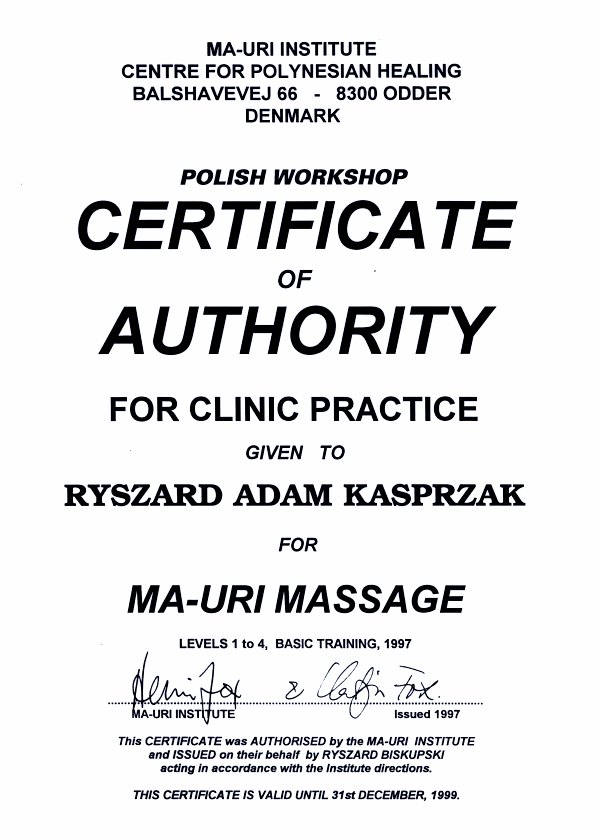 Ma-Uri Institute — Certificate of Authority for Clinic Practice, masaż Ma-Uri (poziomy 1–4)