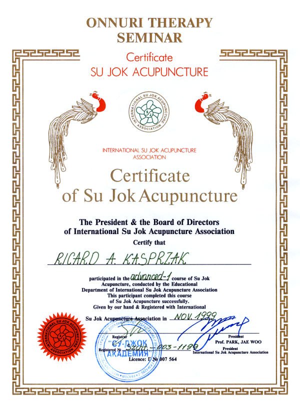 Certificate of Su Jok Acupuncture — International Su Jok Acupuncture Association