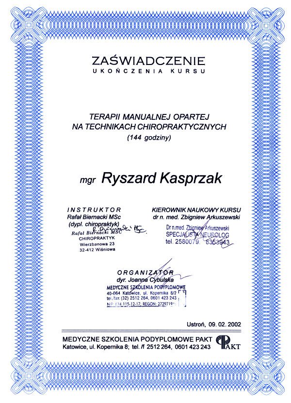 Zaświadczenie — Terapia manualna oparta na technikach chiropraktycznych (144 godziny)