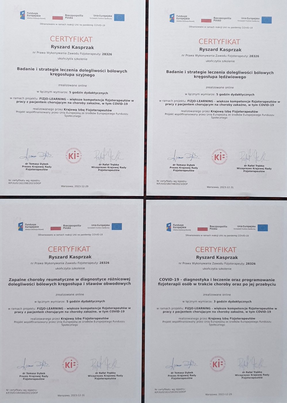 Certyfikaty FIZJO-LEARNING — badanie i leczenie dolegliwości bólowych kręgosłupa