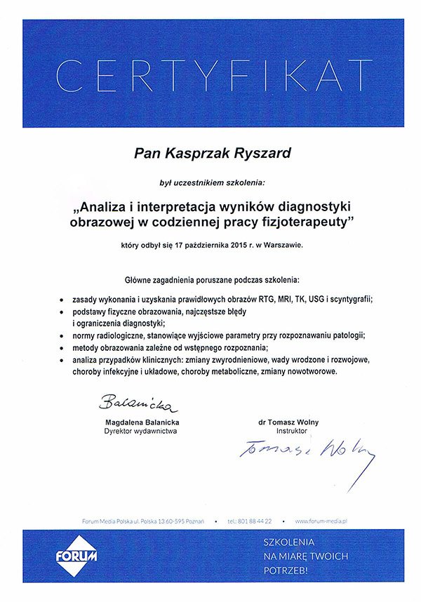 Certyfikat — „Analiza i interpretacja wyników diagnostyki obrazowej w codziennej pracy fizjoterapeuty”
