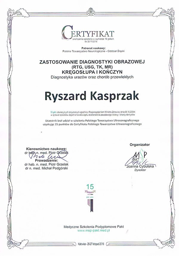 Certyfikat — Zastosowanie diagnostyki obrazowej (RTG, USG, TK, MR) kręgosłupa i kończyn