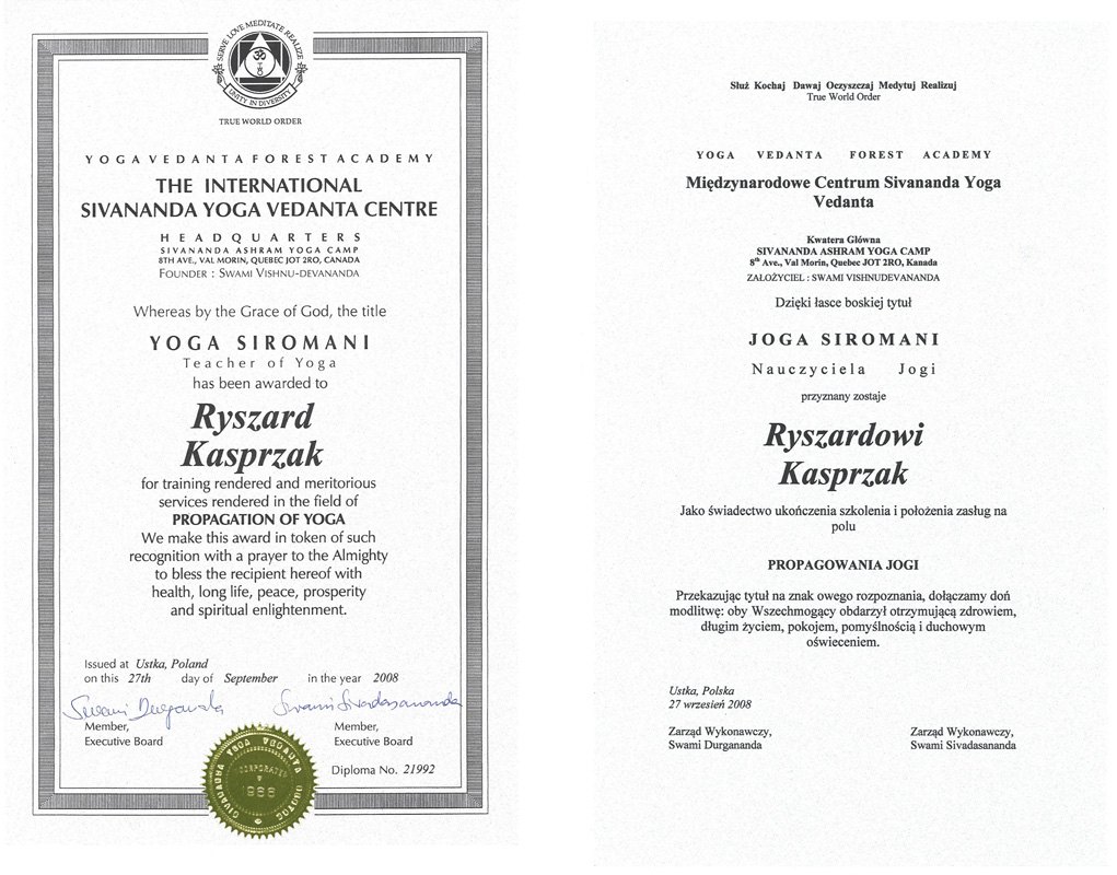 Yoga Siromani — Sivananda Yoga Vedanta Centre, Ryszard Kasprzak