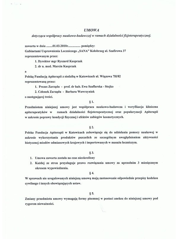 Umowa o współpracy naukowo-badawczej z Polską Fundacją Apiterapii (str. 1)