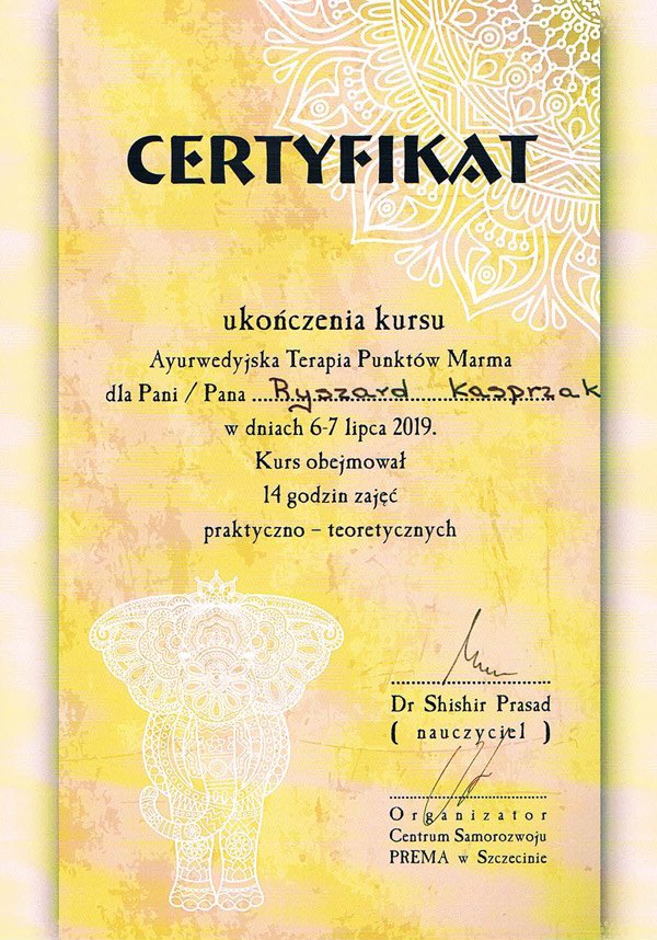 Certyfikat — Ayurwedyjska Terapia Punktów Marma