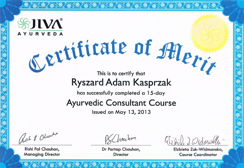 JIVA Ayurveda — Certificate of Merit, Ayurvedic Consultant Course