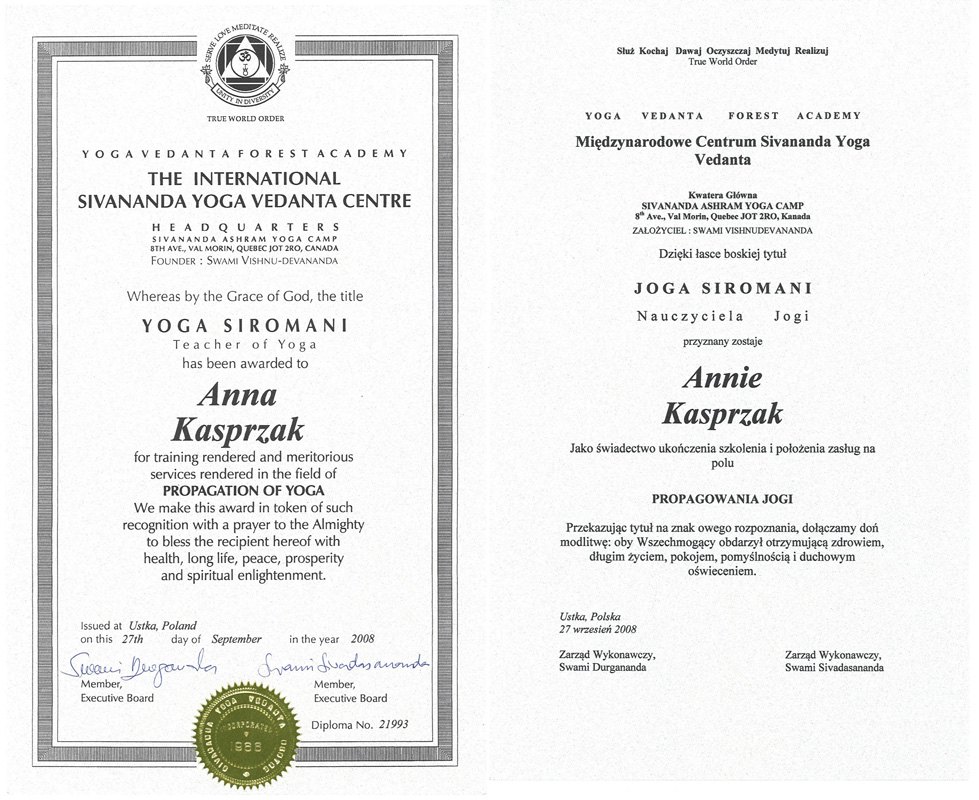 Yoga Siromani — Sivananda Yoga Vedanta Centre, Anna Kasprzak