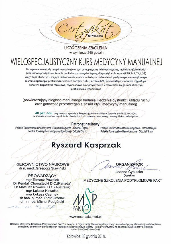 Certyfikat — Wielospecjalistyczny Kurs Medycyny Manualnej (240 godzin)