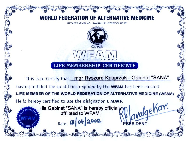 World Federation of Alternative Medicine — Life Membership Certificate, Gabinet „SANA”
