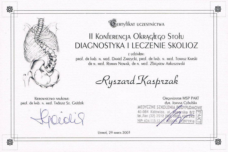 Certyfikat uczestnictwa — II Konferencja Okrągłego Stołu „Diagnostyka i leczenie skolioz”